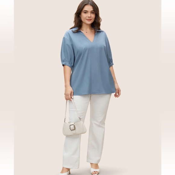 BloomChic Plus Size Plain Lapel Collar Gathered Puff Sleeve Blouse - Picture 6 of 7